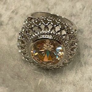 Silver-tone Cocktail Ring With Center Crystal, Size 6 - Stunning!